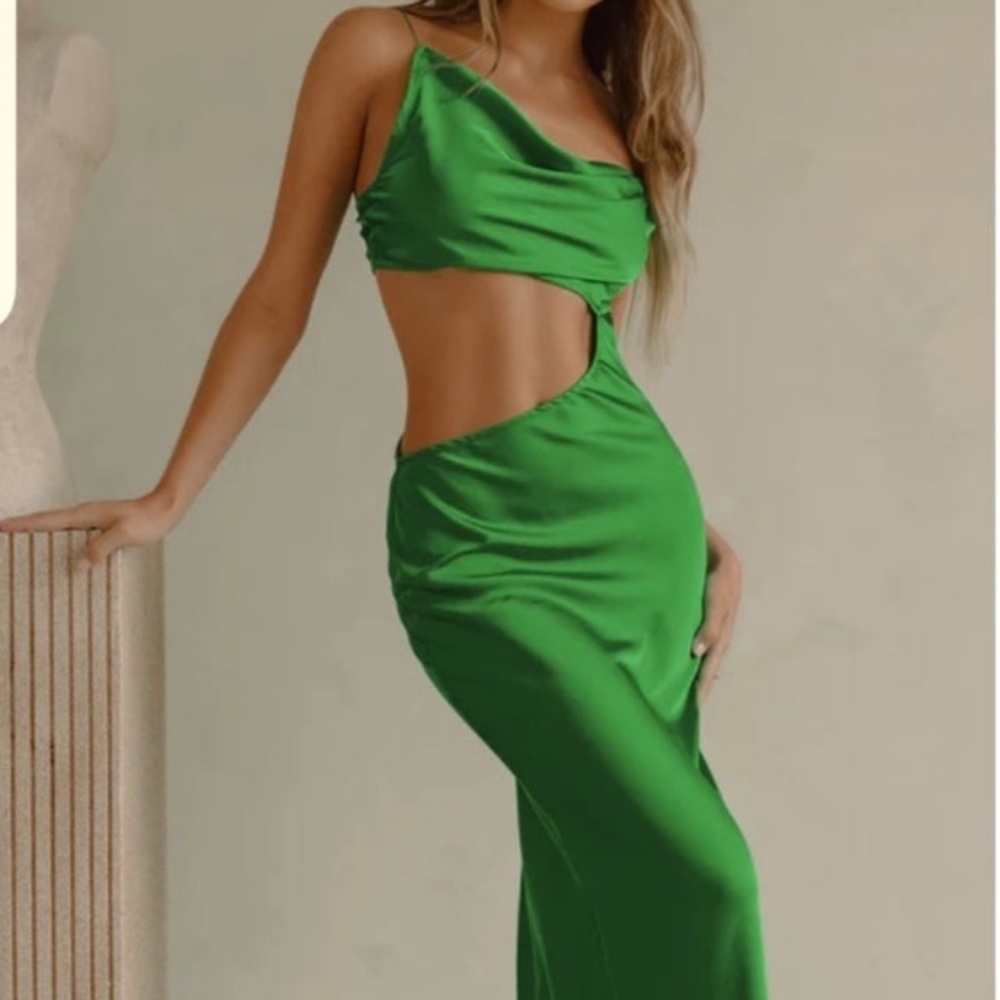 Green satin cutout dress